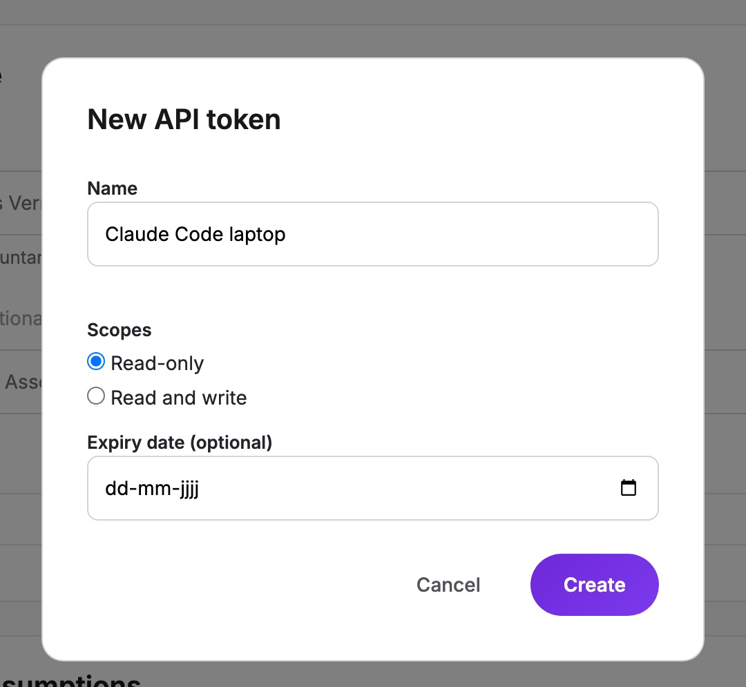 New API token dialog in Cryptotax with the fields Name, Scopes (Read-only or Read and write) and Expiry date