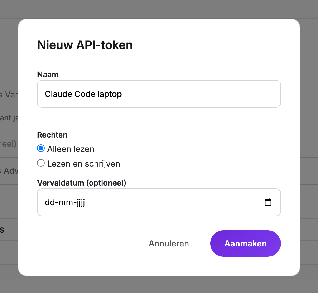 Venster Nieuw API-token in Cryptotax met de velden Naam, Rechten (Alleen lezen of Lezen en schrijven) en Vervaldatum