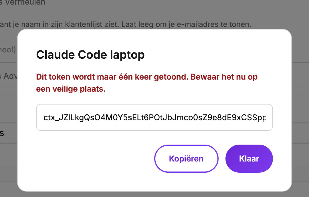 Het nieuwe API-token in Cryptotax met de waarschuwing dat het maar één keer getoond wordt