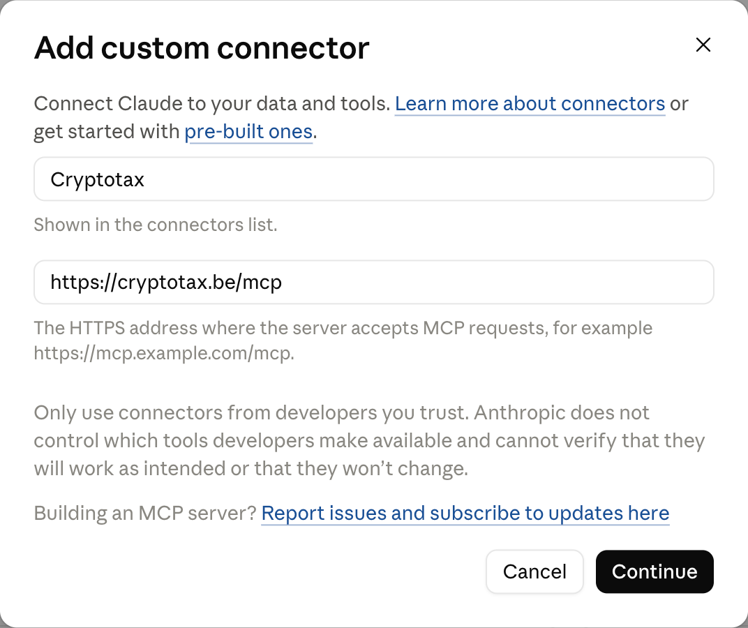 Venster Add custom connector in Claude met de naam Cryptotax en de URL https://cryptotax.be/mcp ingevuld
