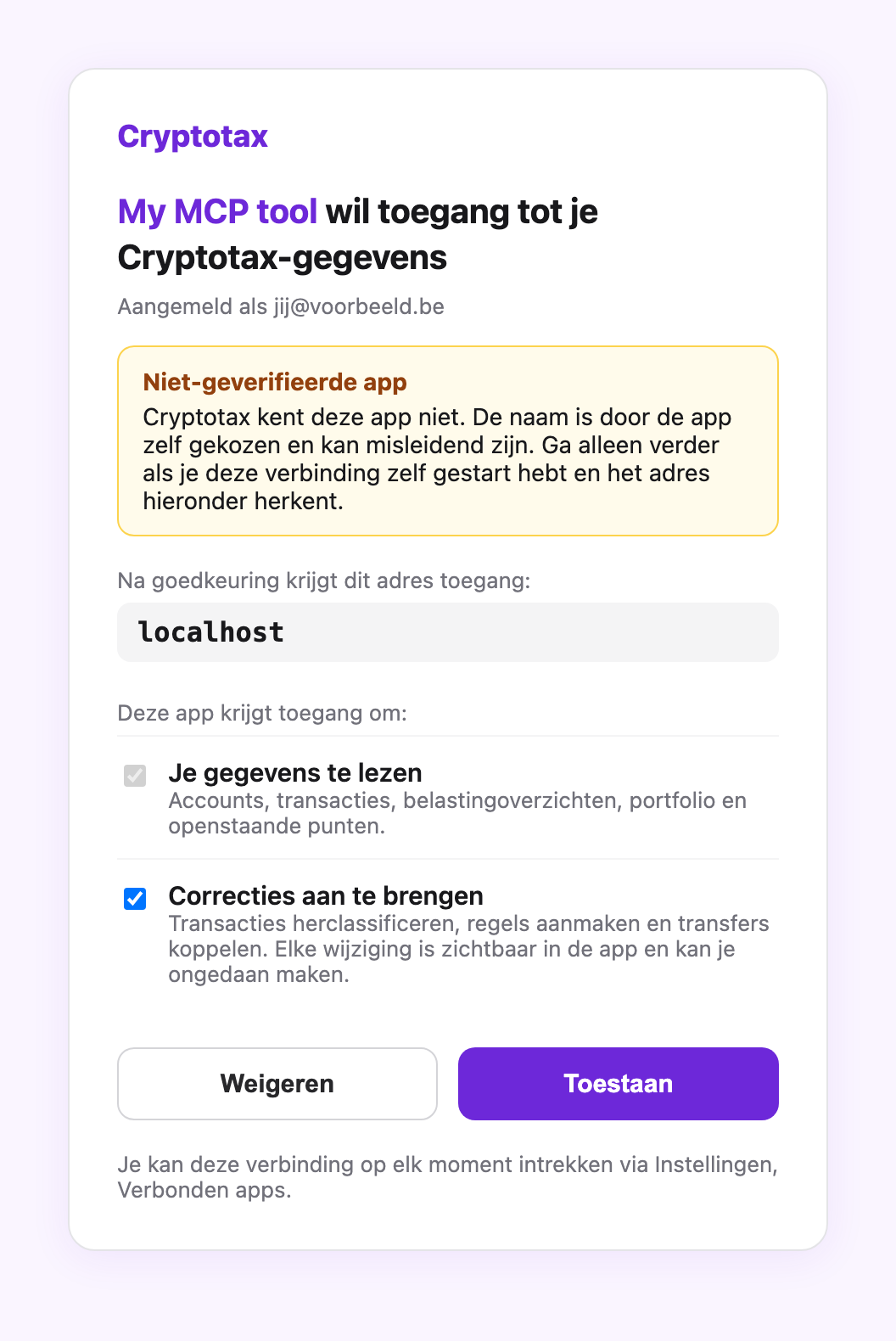 Toestemmingsscherm van Cryptotax met de waarschuwing Niet-geverifieerde app