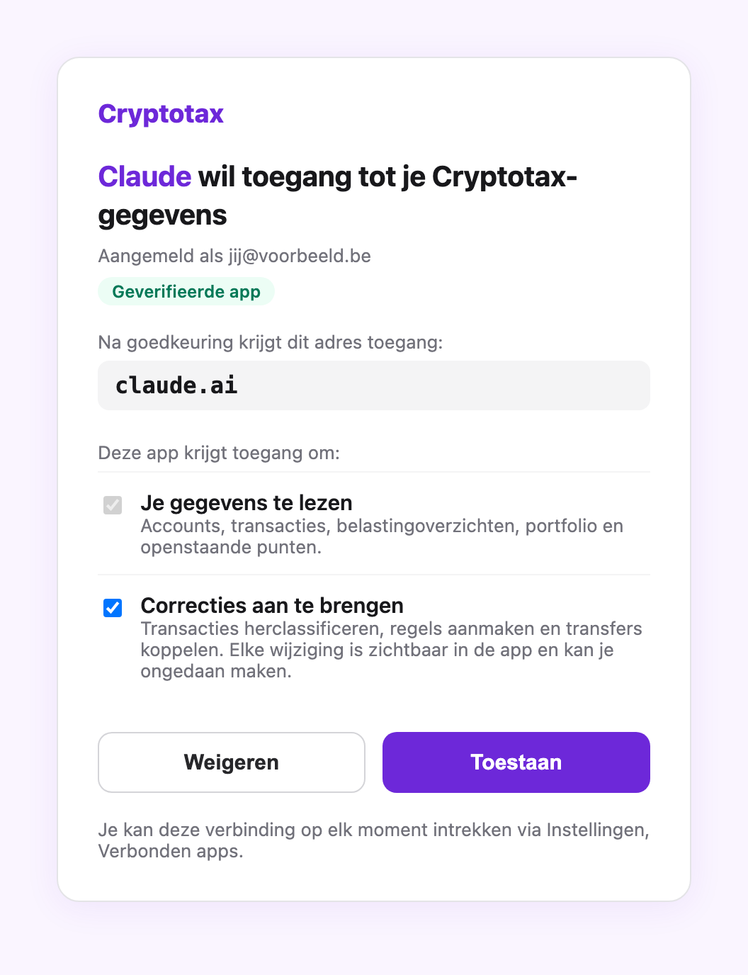 Toestemmingsscherm van Cryptotax voor Claude met het label Geverifieerde app, het adres claude.ai en de keuze tussen lezen en correcties aanbrengen