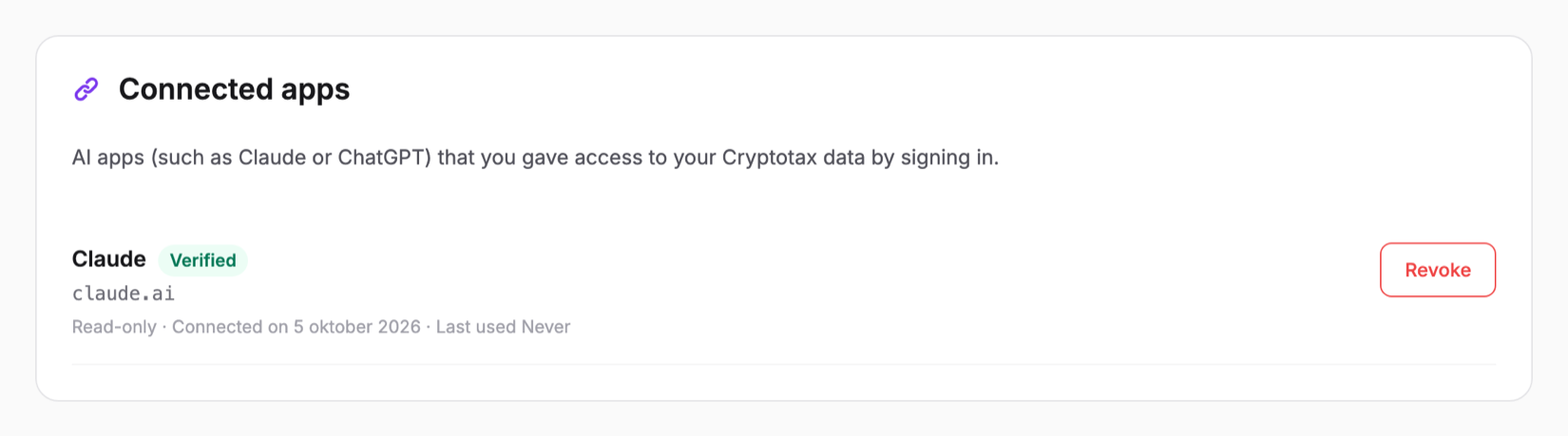 Connected apps in the Cryptotax settings showing Claude, the Verified badge and the Revoke button
