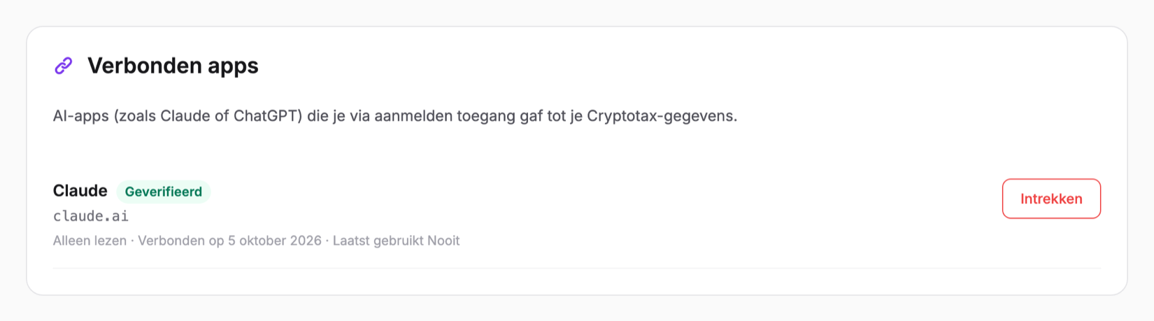 Verbonden apps in de instellingen van Cryptotax met Claude, de badge Geverifieerd en de knop Intrekken
