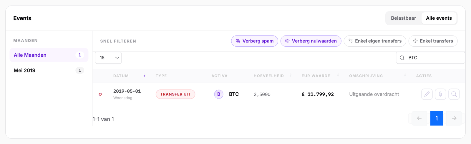 Onglet Tous les événements dans Cryptotax, recherche sur BTC, avec le retrait et le crayon dans la colonne Actions