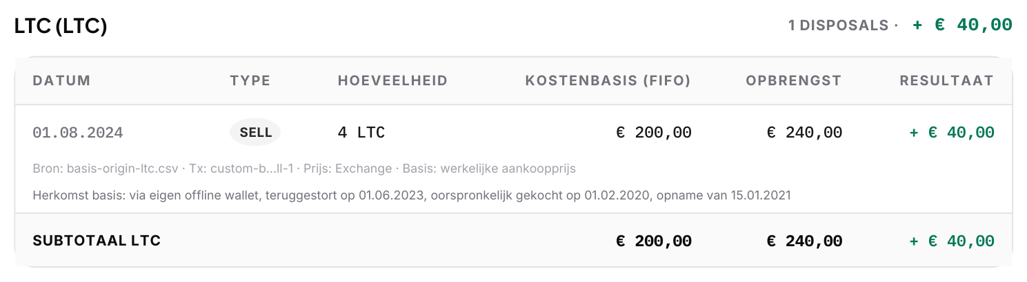 Gedetailleerd rapport met de regel Herkomst basis onder een verkoop