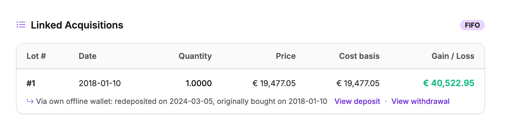 Sale detail in Cryptotax with the line via own offline wallet, redeposited and originally bought
