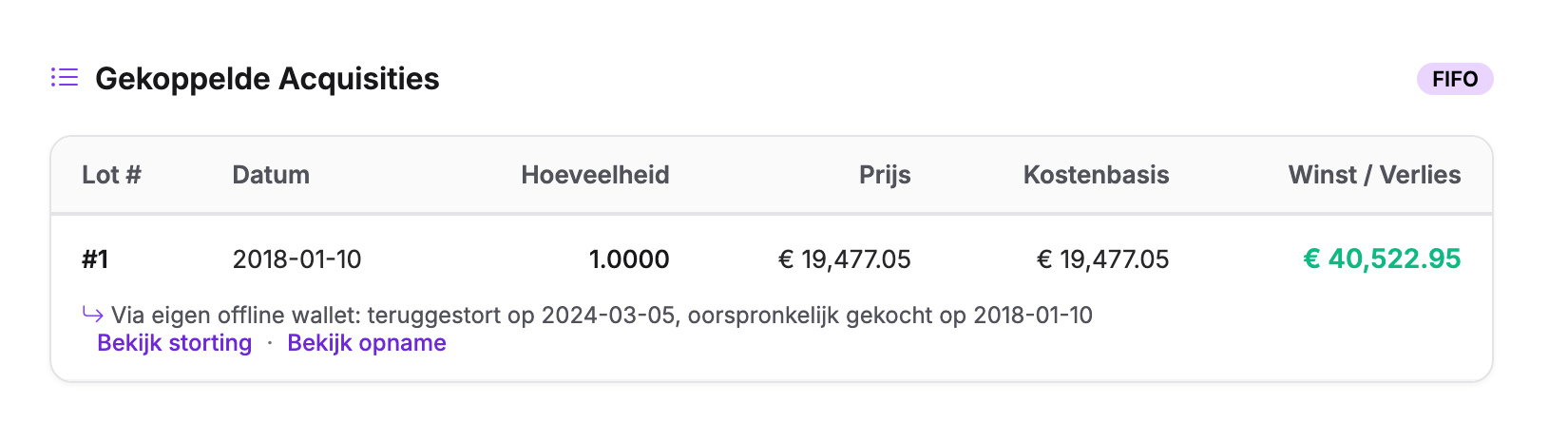 Verkoopdetail in Cryptotax met de regel via eigen offline wallet, teruggestort en oorspronkelijk gekocht