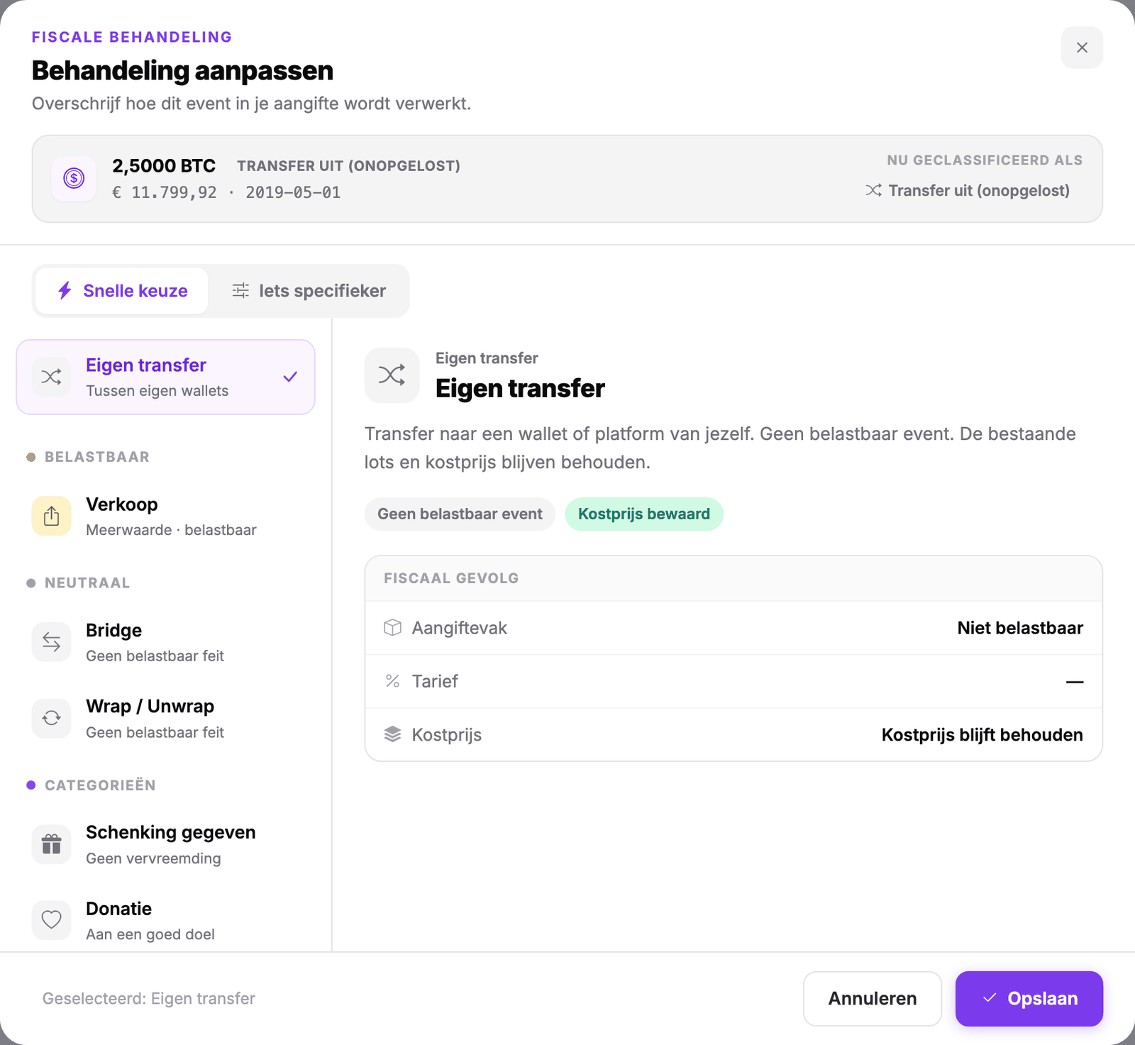 Fenêtre Modifier le traitement dans Cryptotax pour un retrait de 2,5 BTC, avec la liste des choix et Transfert interne sélectionné