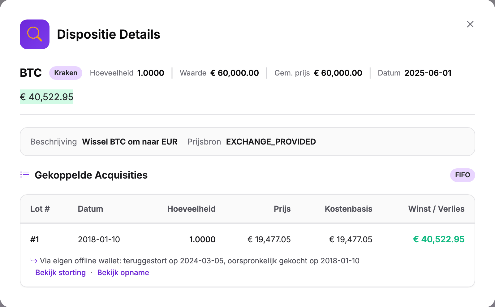 Fenêtre Détails de la cession dans Cryptotax avec le tableau Acquisitions associées : pour chaque lot la date, la quantité, le prix et la valeur d'acquisition, et en dessous l'origine via un wallet hors ligne personnel