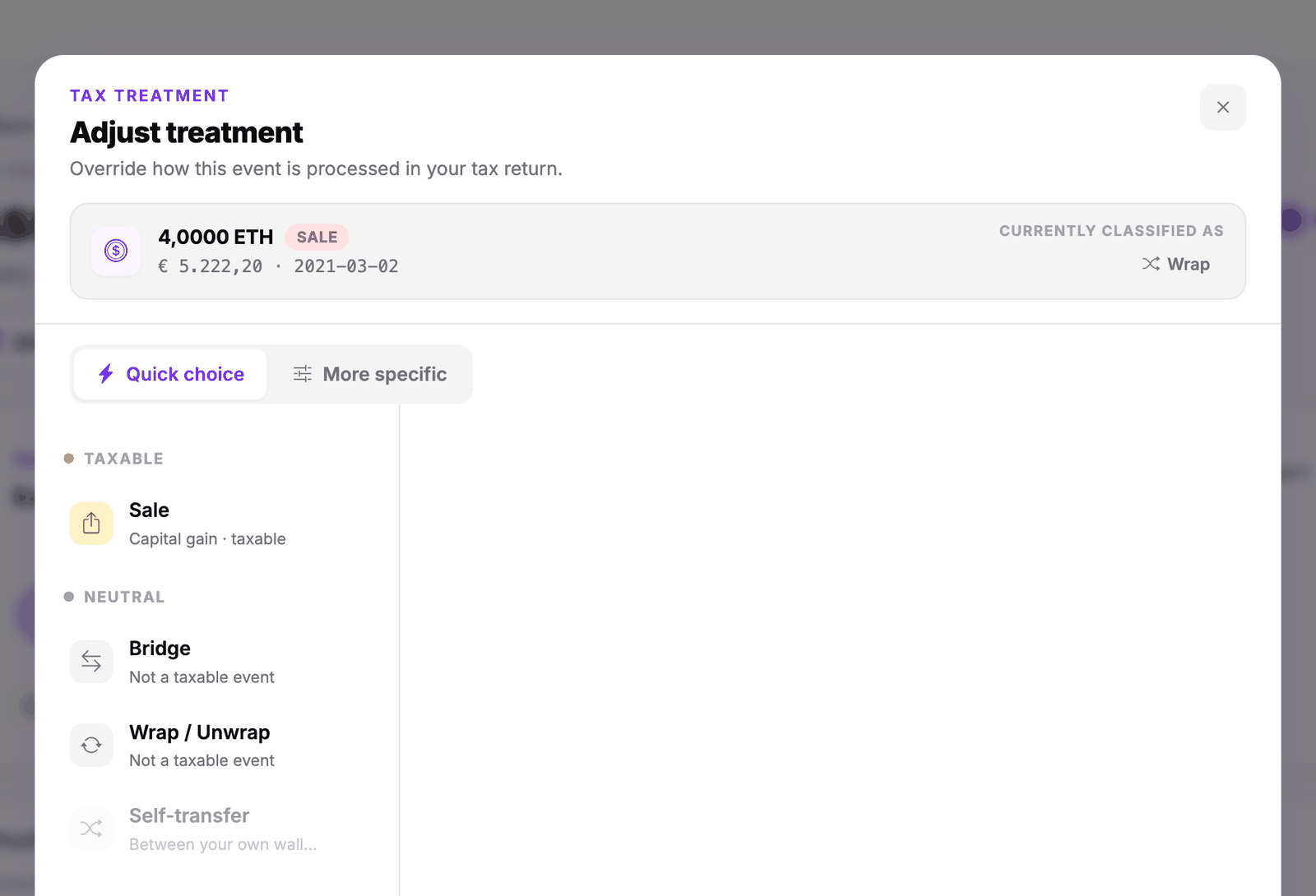 Adjust treatment on a staking row, with the Self-transfer choice disabled