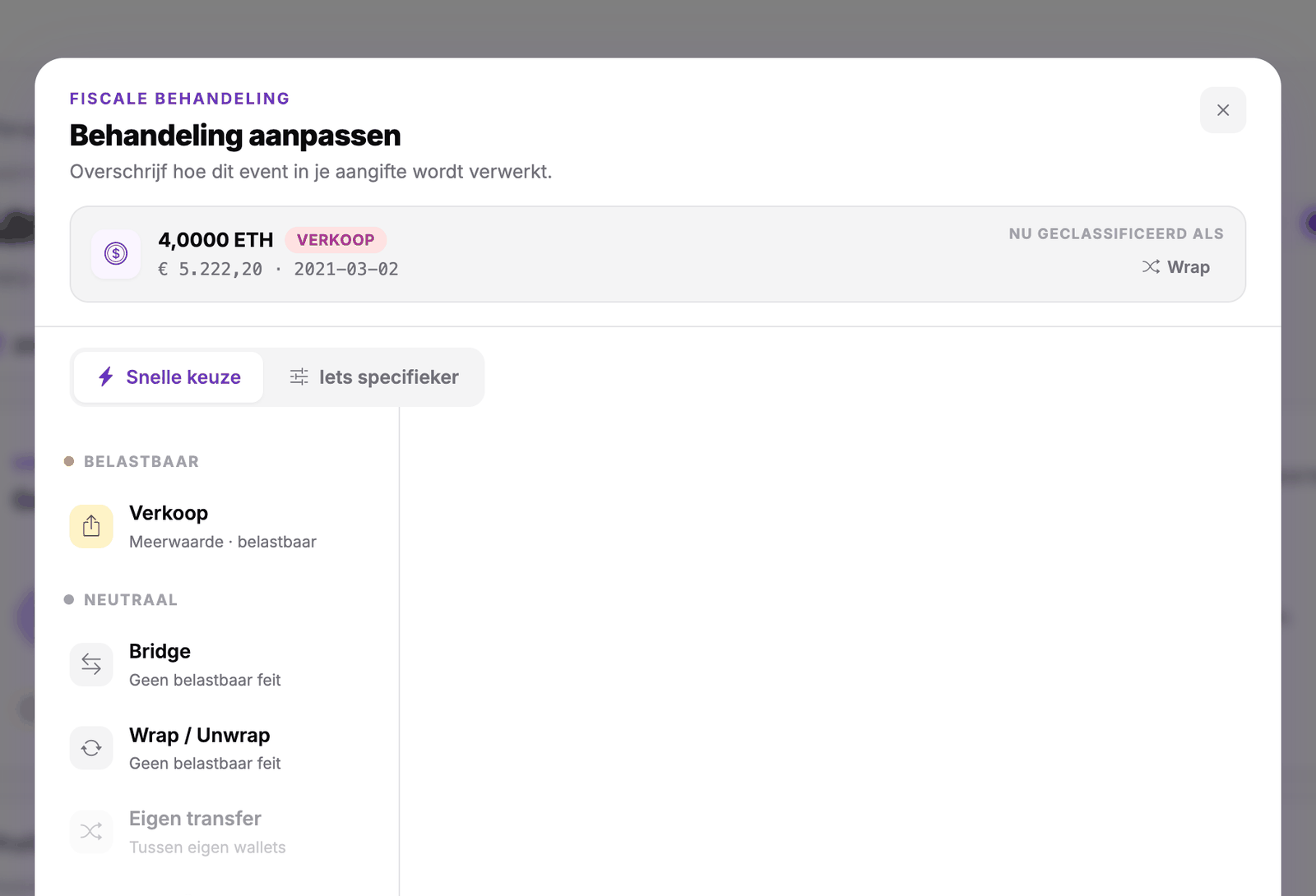 Behandeling aanpassen op een stakingrij, met de keuze Eigen transfer uitgeschakeld