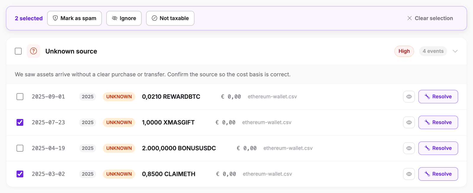 Cryptotax Issues page with two ticked rows in the Unknown source group and the bar at the top showing 2 selected, Mark as spam, Ignore and Not taxable
