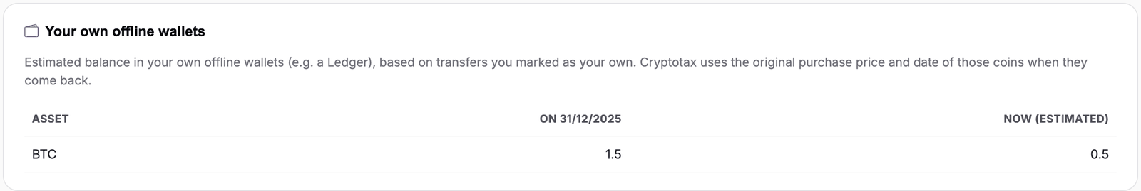 Your own offline wallets card on the tax year 2025 dashboard with 1.5 BTC in the column On 31/12/2025 and 0.5 BTC in the column Now (estimated)