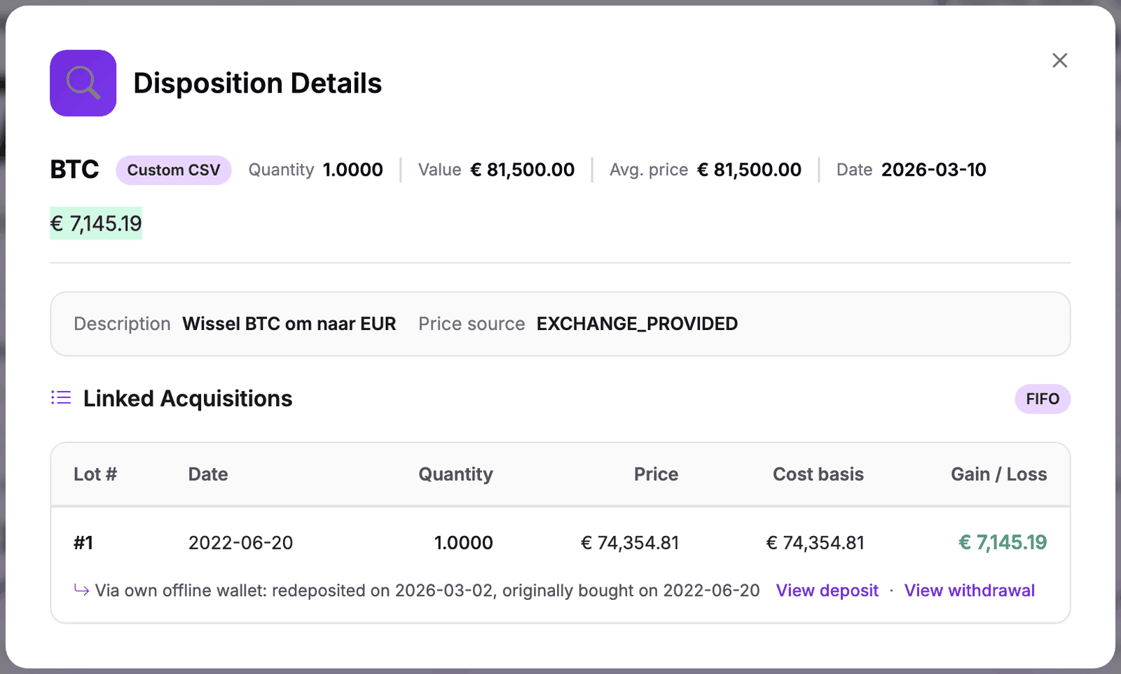 Sale detail of 1 BTC in 2026 with a lot dated 2022-06-20, price and cost basis of 74,354.81 euro and the line via own offline wallet