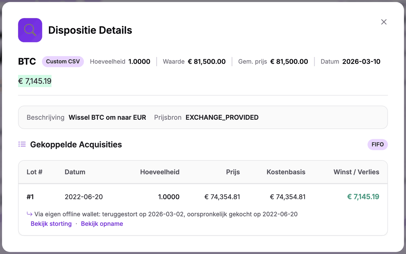 Verkoopdetail van 1 BTC in 2026 met lot van 20/06/2022, prijs en kostenbasis van 74.354,81 euro en de regel via eigen offline wallet